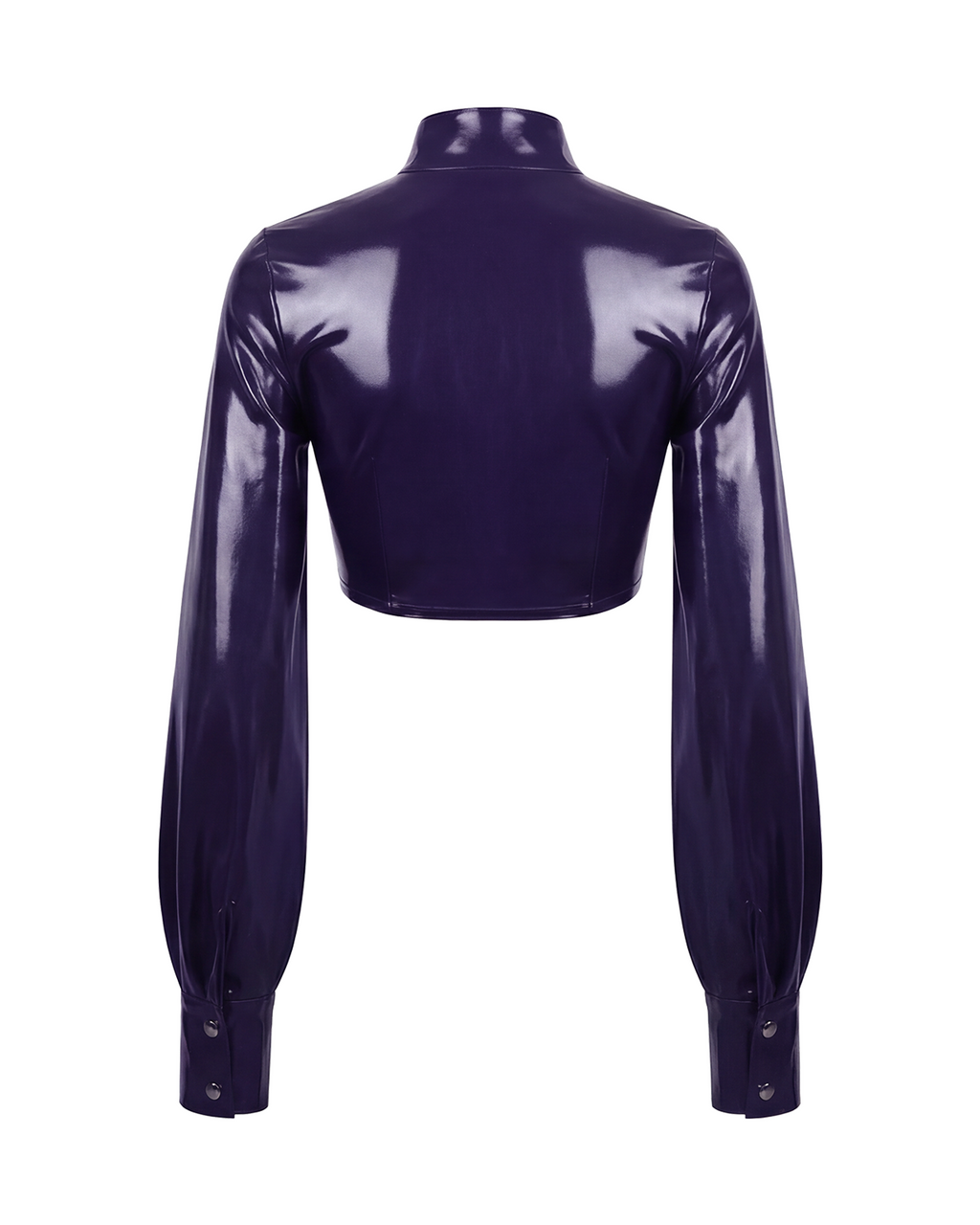 A glossy purple latex long-sleeve cropped bolero by Ribcage, featuring a high neckline with a metallic buckle closure and voluminous sleeves with fitted cuffs.