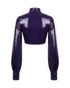 A glossy purple latex long-sleeve cropped bolero by Ribcage, featuring a high neckline with a metallic buckle closure and voluminous sleeves with fitted cuffs.