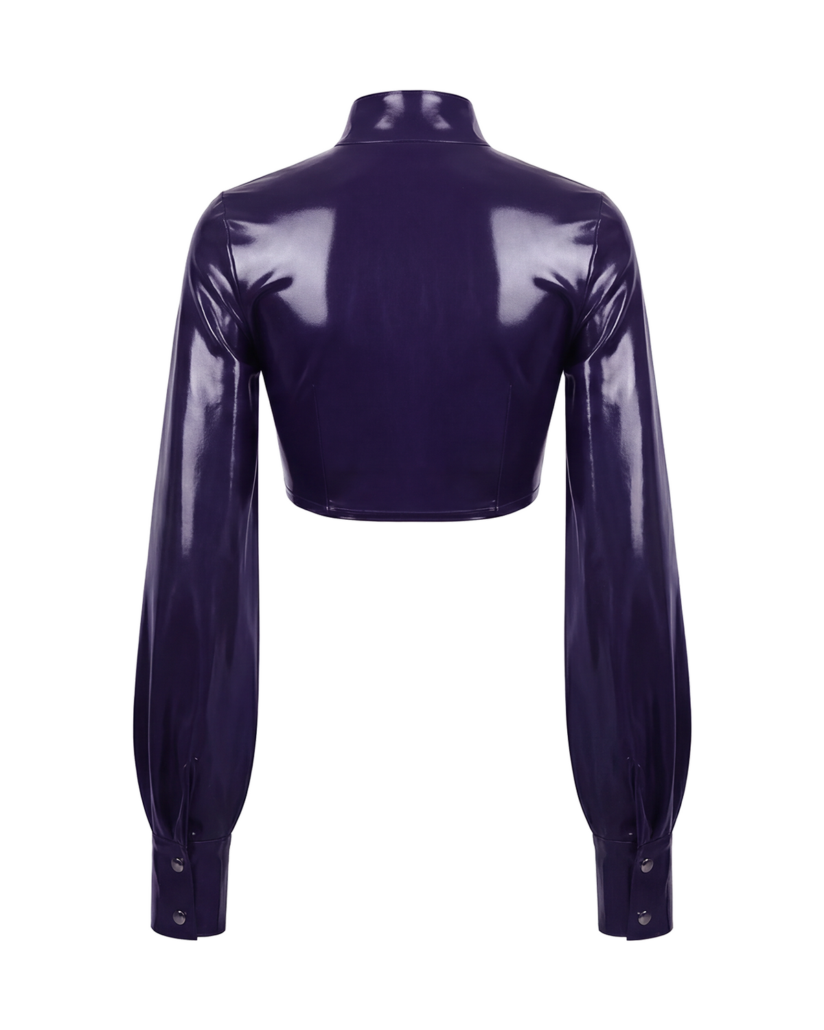 A glossy purple latex long-sleeve cropped bolero by Ribcage, featuring a high neckline with a metallic buckle closure and voluminous sleeves with fitted cuffs.