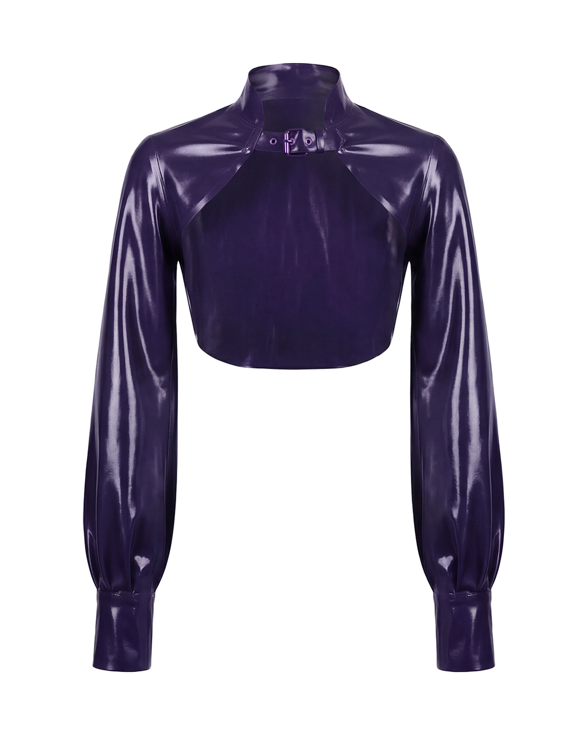 A glossy purple latex long-sleeve cropped bolero by Ribcage, featuring a high neckline with a metallic buckle closure and voluminous sleeves with fitted cuffs.