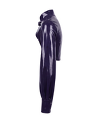 A glossy purple latex long-sleeve cropped bolero by Ribcage, featuring a high neckline with a metallic buckle closure and voluminous sleeves with fitted cuffs.