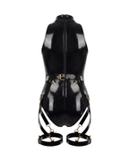 A glossy black latex multi-piece suit by Ribcage, featuring a halter-neck The Eclipsed Bodysuit and the modular Eclipse Harness Set with leg garters and metallic hardware.