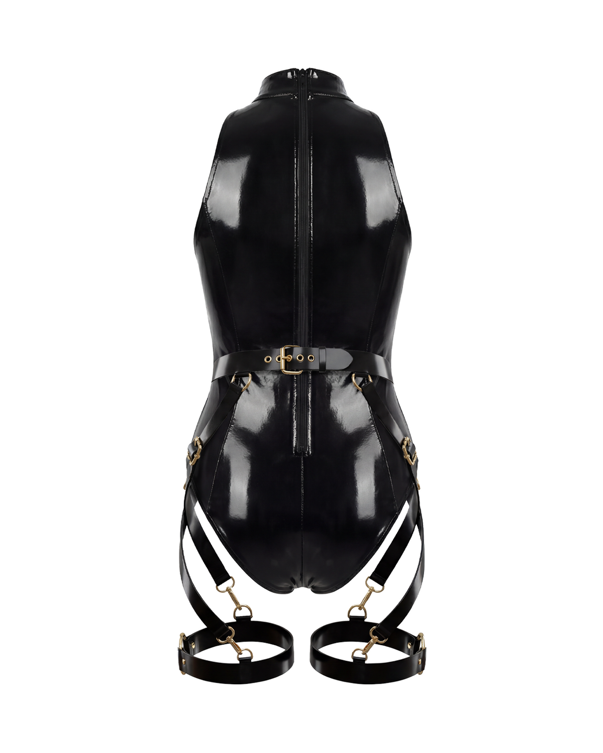 A glossy black latex multi-piece suit by Ribcage, featuring a halter-neck The Eclipsed Bodysuit and the modular Eclipse Harness Set with leg garters and metallic hardware.