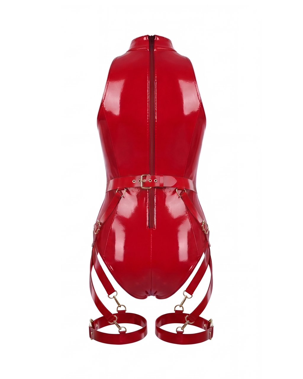 A glossy red latex multi-piece suit by Ribcage, featuring a halter-neck The Eclipsed Bodysuit and the modular Eclipse Harness Set with leg garters and metallic hardware.