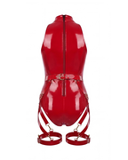 A glossy red latex multi-piece suit by Ribcage, featuring a halter-neck The Eclipsed Bodysuit and the modular Eclipse Harness Set with leg garters and metallic hardware.