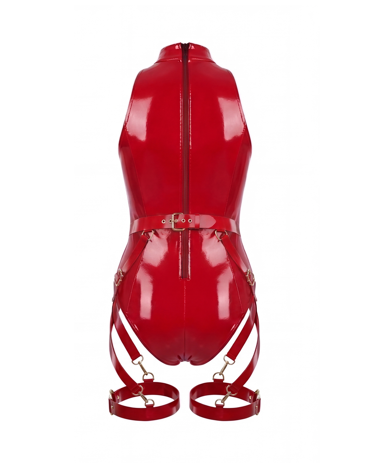A glossy red latex multi-piece suit by Ribcage, featuring a halter-neck The Eclipsed Bodysuit and the modular Eclipse Harness Set with leg garters and metallic hardware.