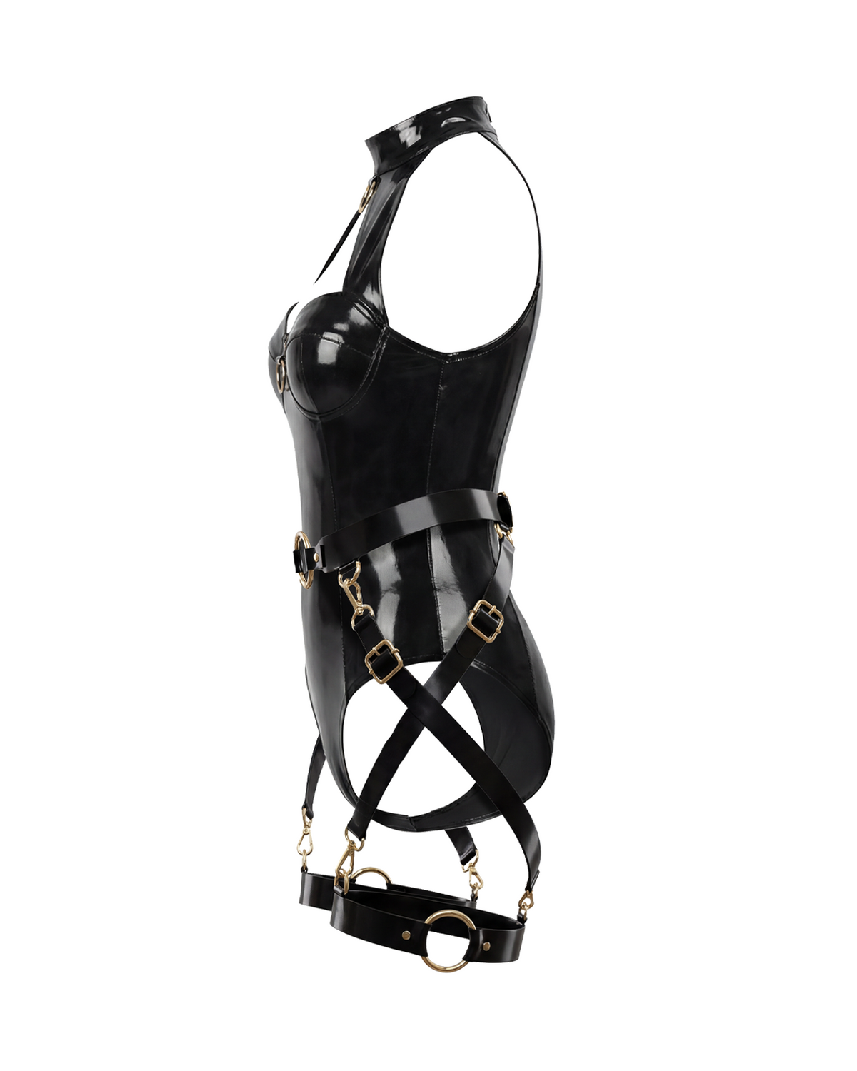 A glossy black latex multi-piece suit by Ribcage, featuring a halter-neck The Eclipsed Bodysuit and the modular Eclipse Harness Set with leg garters and metallic hardware.
