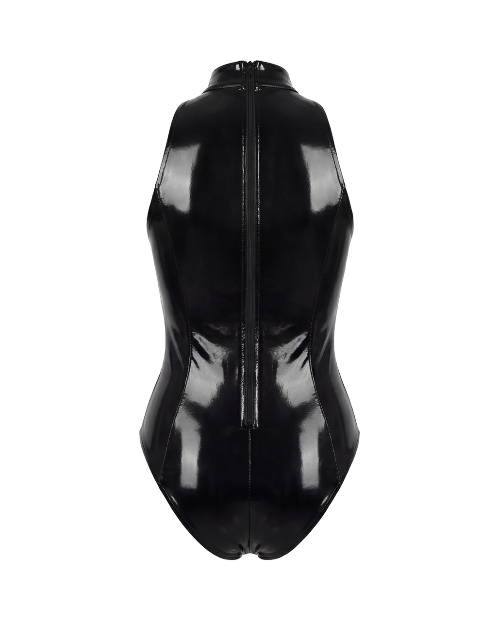 A glossy black latex sleeveless bodysuit by Ribcage, featuring a high neckline, industrial metallic O-rings, a contoured bustier, and a back zipper.