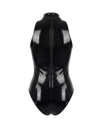 A glossy black latex sleeveless bodysuit by Ribcage, featuring a high neckline, industrial metallic O-rings, a contoured bustier, and a back zipper.