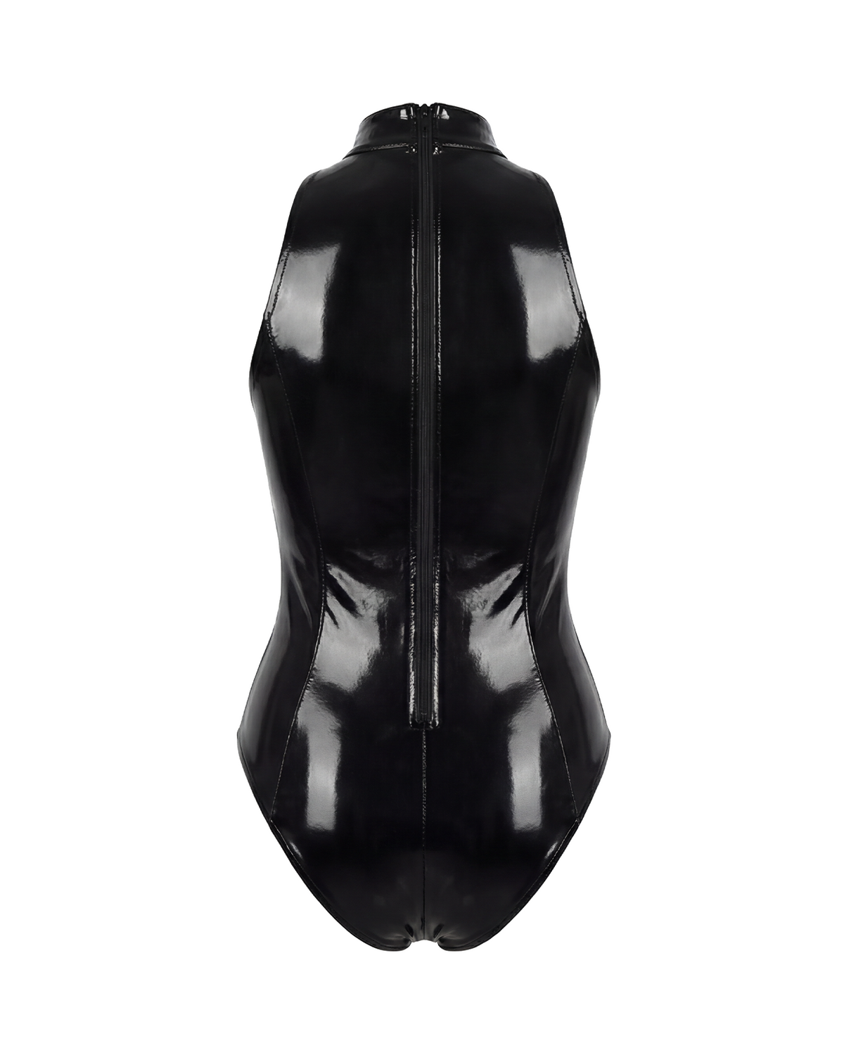 A glossy black latex sleeveless bodysuit by Ribcage, featuring a high neckline, industrial metallic O-rings, a contoured bustier, and a back zipper.