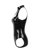 A glossy black latex sleeveless bodysuit by Ribcage, featuring a high neckline, industrial metallic O-rings, a contoured bustier, and a back zipper.