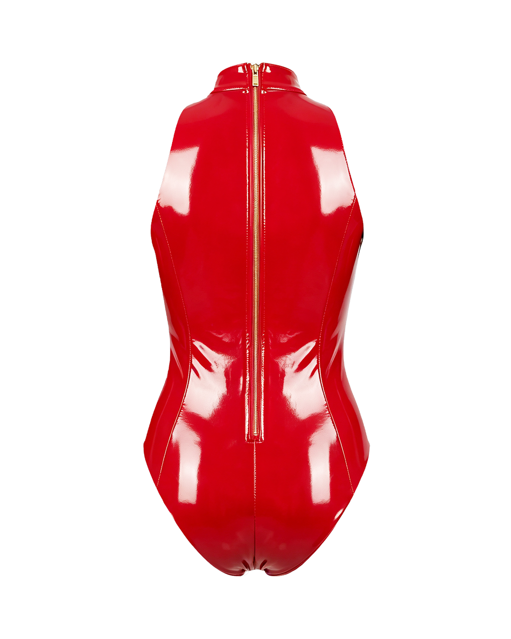A glossy red latex sleeveless bodysuit by Ribcage, featuring a high neckline, industrial metallic O-rings, a contoured bustier, and a back zipper.