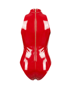 A glossy red latex sleeveless bodysuit by Ribcage, featuring a high neckline, industrial metallic O-rings, a contoured bustier, and a back zipper.