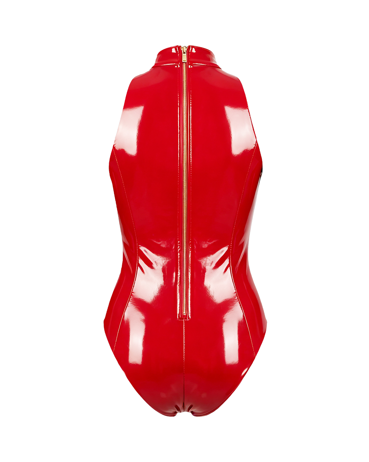 A glossy red latex sleeveless bodysuit by Ribcage, featuring a high neckline, industrial metallic O-rings, a contoured bustier, and a back zipper.