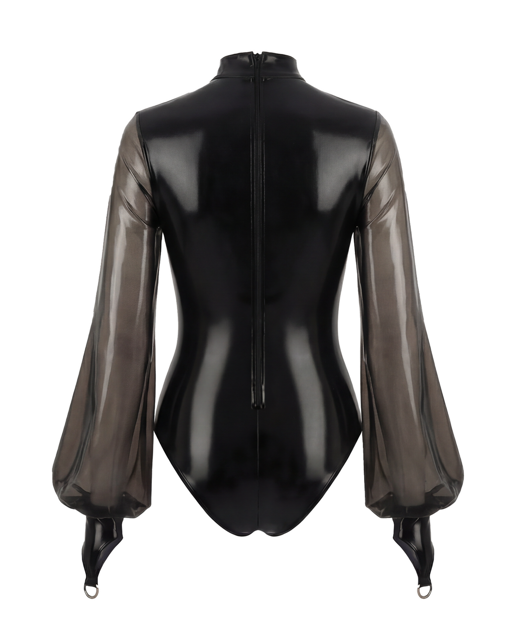 A glossy black latex bodysuit by Ribcage, featuring a high neckline, industrial metallic O-rings, a contoured bustier, and sheer voluminous long sleeves with fitted cuffs.