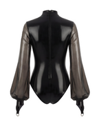 A glossy black latex bodysuit by Ribcage, featuring a high neckline, industrial metallic O-rings, a contoured bustier, and sheer voluminous long sleeves with fitted cuffs.