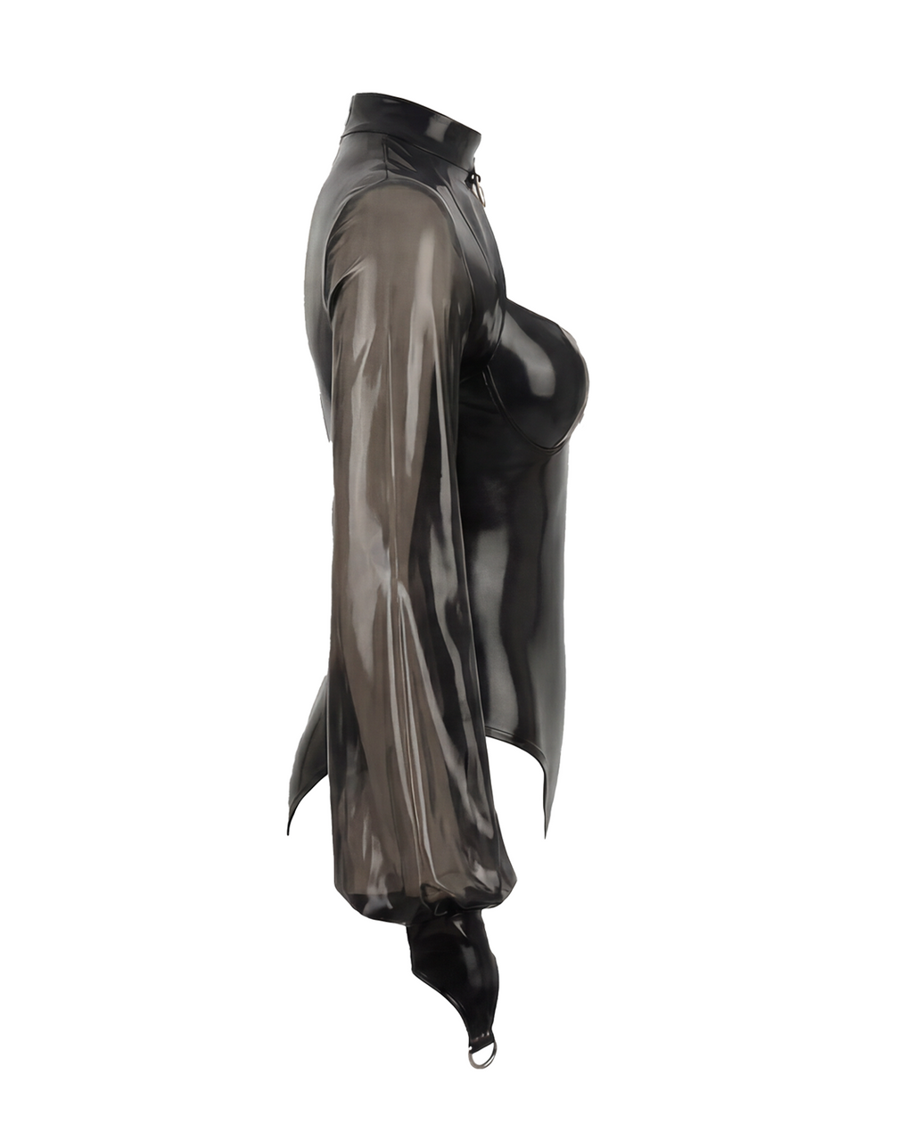 A glossy black latex bodysuit by Ribcage, featuring a high neckline, industrial metallic O-rings, a contoured bustier, and sheer voluminous long sleeves with fitted cuffs.