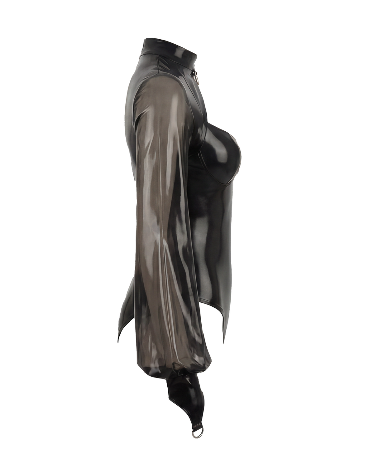 A glossy black latex bodysuit by Ribcage, featuring a high neckline, industrial metallic O-rings, a contoured bustier, and sheer voluminous long sleeves with fitted cuffs.