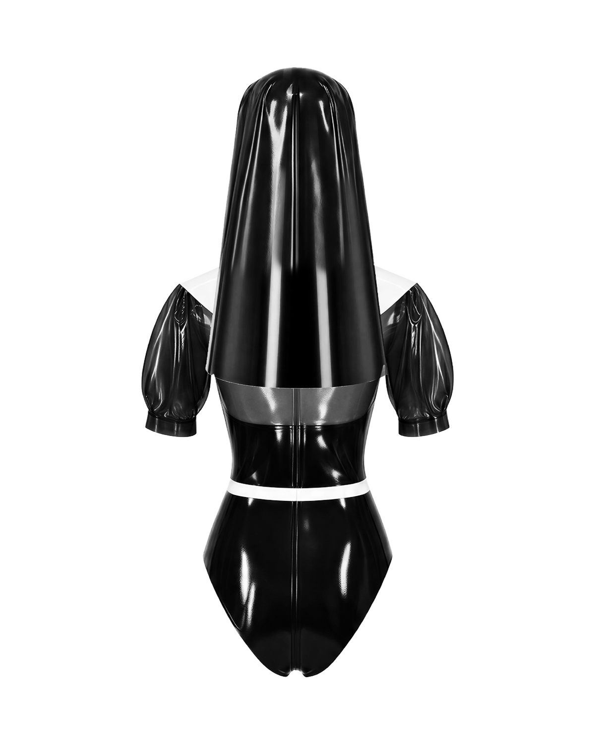 A glossy black and white latex nun bodysuit set by Ribcage, featuring short puff sleeves, a semi-transparent chest panel with cross motifs, and a traditional nun headpiece.