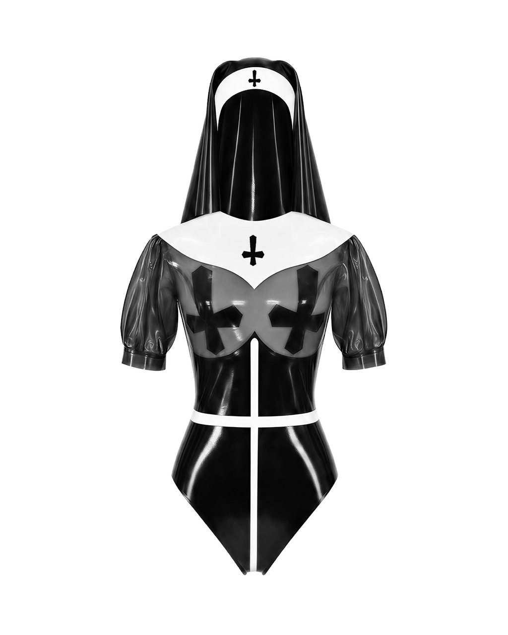 A glossy black and white latex nun bodysuit set by Ribcage, featuring short puff sleeves, a semi-transparent chest panel with cross motifs, and a traditional nun headpiece.