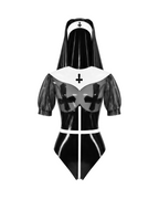 A glossy black and white latex nun bodysuit set by Ribcage, featuring short puff sleeves, a semi-transparent chest panel with cross motifs, and a traditional nun headpiece.