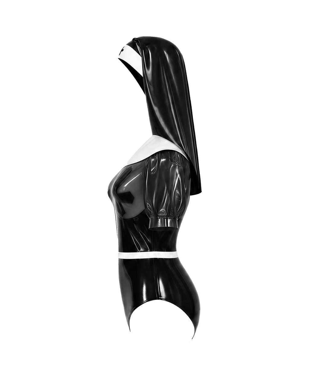 A glossy black and white latex nun bodysuit set by Ribcage, featuring short puff sleeves, a semi-transparent chest panel with cross motifs, and a traditional nun headpiece.