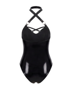 A glossy black latex halter bodysuit by Ribcage, featuring a criss-cross halter neckline with industrial metallic O-rings and a contoured bustier.