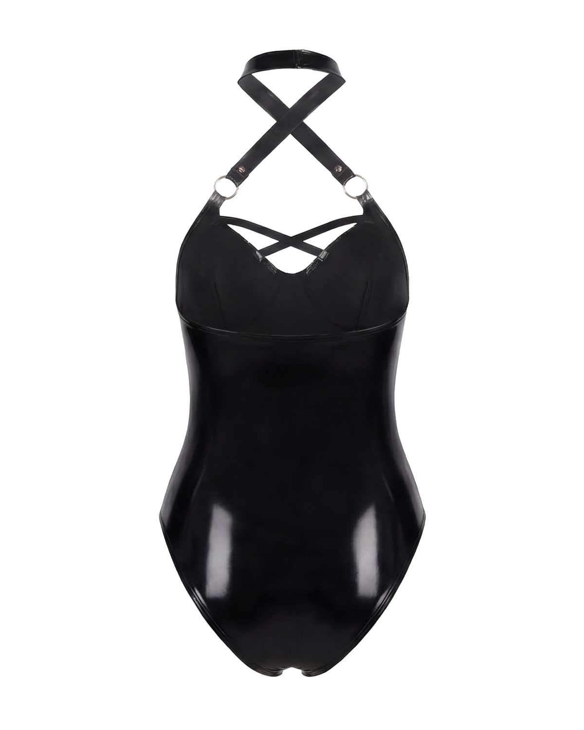 A glossy black latex halter bodysuit by Ribcage, featuring a criss-cross halter neckline with industrial metallic O-rings and a contoured bustier.