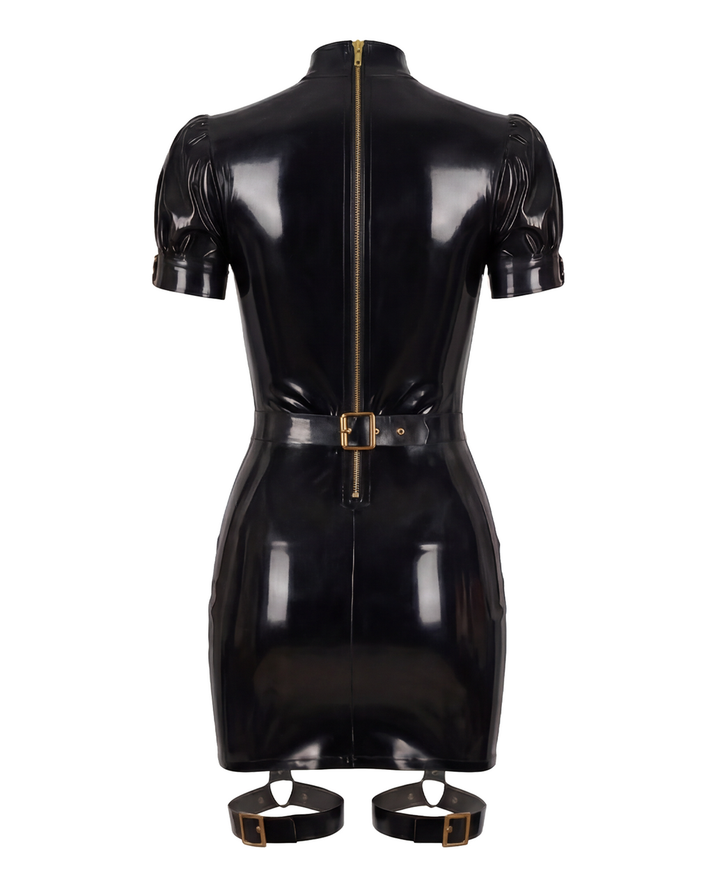 A glossy black latex mini dress by Ribcage, featuring short puff sleeves, a high neckline with an open-chest cutout, a waist belt, and thigh straps at the hem.