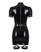 A glossy black latex mini dress by Ribcage, featuring short puff sleeves, a high neckline with an open-chest cutout, a waist belt, and thigh straps at the hem.