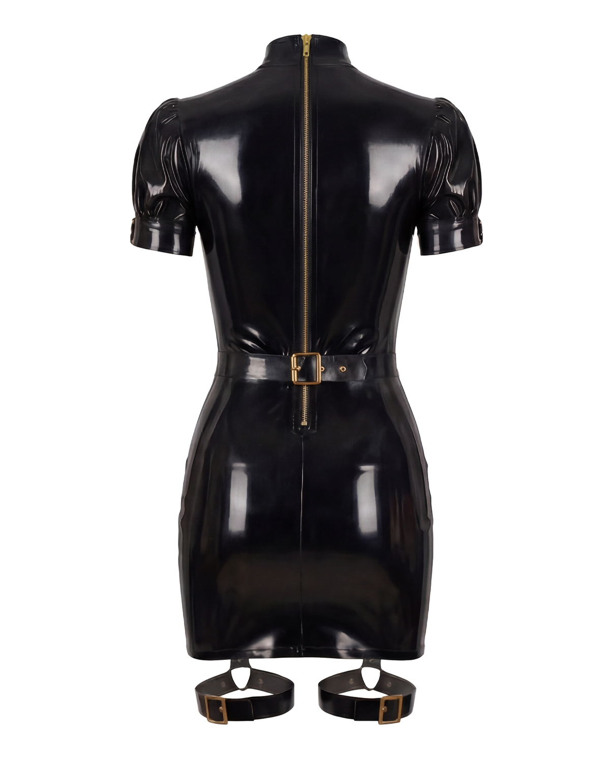 A glossy black latex mini dress by Ribcage, featuring short puff sleeves, a high neckline with an open-chest cutout, a waist belt, and thigh straps at the hem.