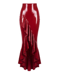 A glossy red latex high-waisted mermaid skirt by Ribcage, featuring a seamless construction and a cascading asymmetrical flounce hem.