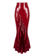 A glossy red latex high-waisted mermaid skirt by Ribcage, featuring a seamless construction and a cascading asymmetrical flounce hem.
