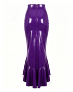 A glossy purple latex high-waisted mermaid skirt by Ribcage, featuring a seamless construction and a cascading asymmetrical flounce hem.