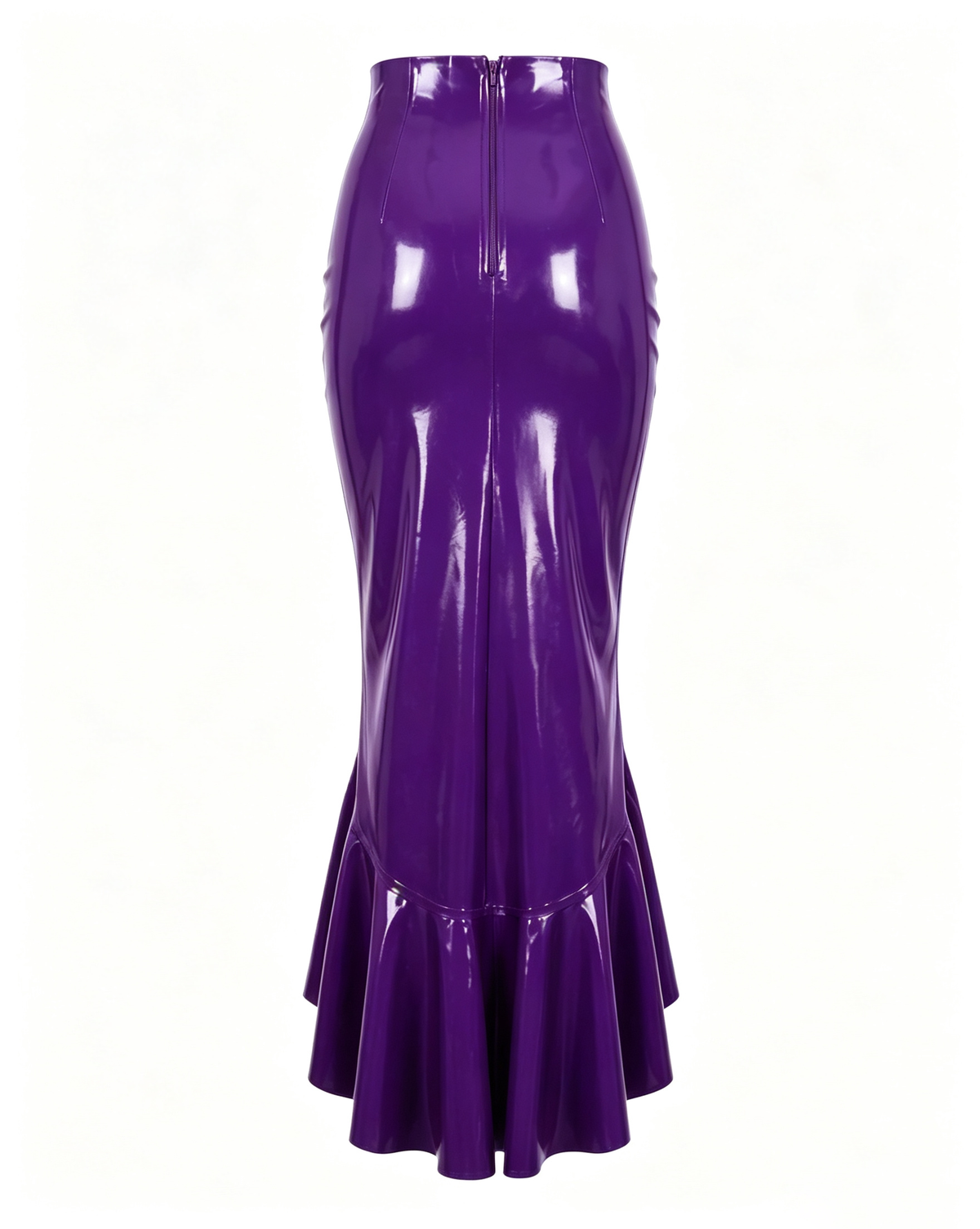 A glossy purple latex high-waisted mermaid skirt by Ribcage, featuring a seamless construction and a cascading asymmetrical flounce hem.