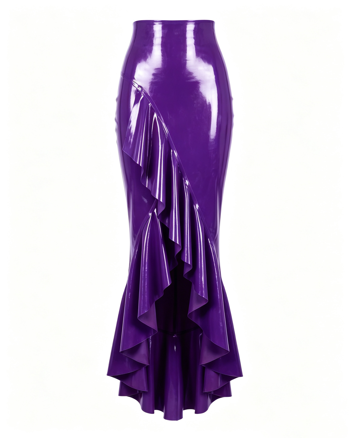 A glossy purple latex high-waisted mermaid skirt by Ribcage, featuring a seamless construction and a cascading asymmetrical flounce hem.