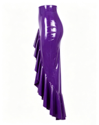 A glossy purple latex high-waisted mermaid skirt by Ribcage, featuring a seamless construction and a cascading asymmetrical flounce hem.