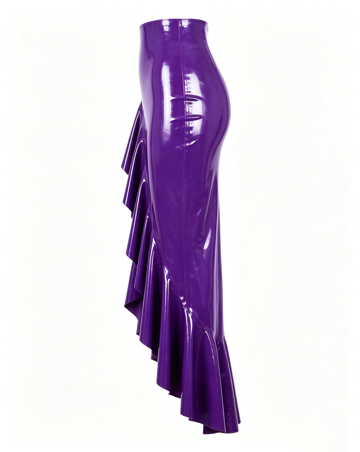 A glossy purple latex high-waisted mermaid skirt by Ribcage, featuring a seamless construction and a cascading asymmetrical flounce hem.