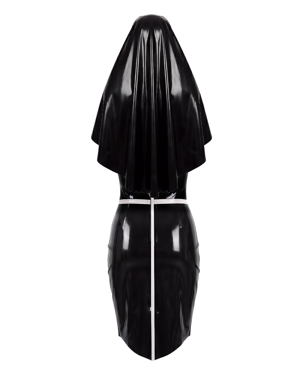 A glossy black and white latex nun suit by Ribcage, featuring a long dress with a semi-transparent chest panel, cross motifs, and a traditional nun headpiece.