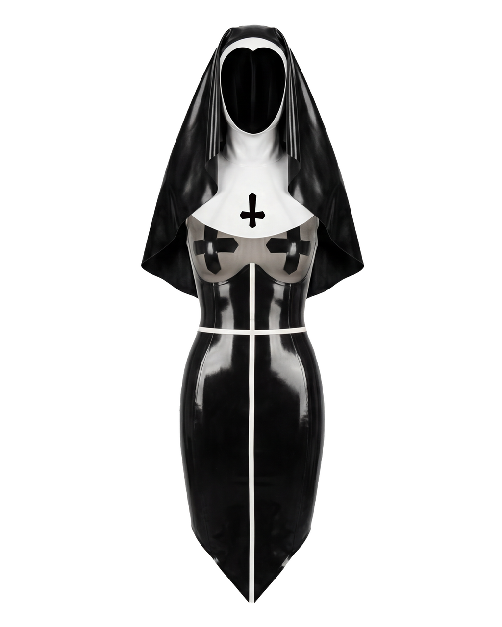 A glossy black and white latex nun suit by Ribcage, featuring a long dress with a semi-transparent chest panel, cross motifs, and a traditional nun headpiece.