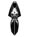 A glossy black and white latex nun suit by Ribcage, featuring a long dress with a semi-transparent chest panel, cross motifs, and a traditional nun headpiece.
