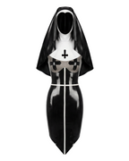 A glossy black and white latex nun suit by Ribcage, featuring a long dress with a semi-transparent chest panel, cross motifs, and a traditional nun headpiece.