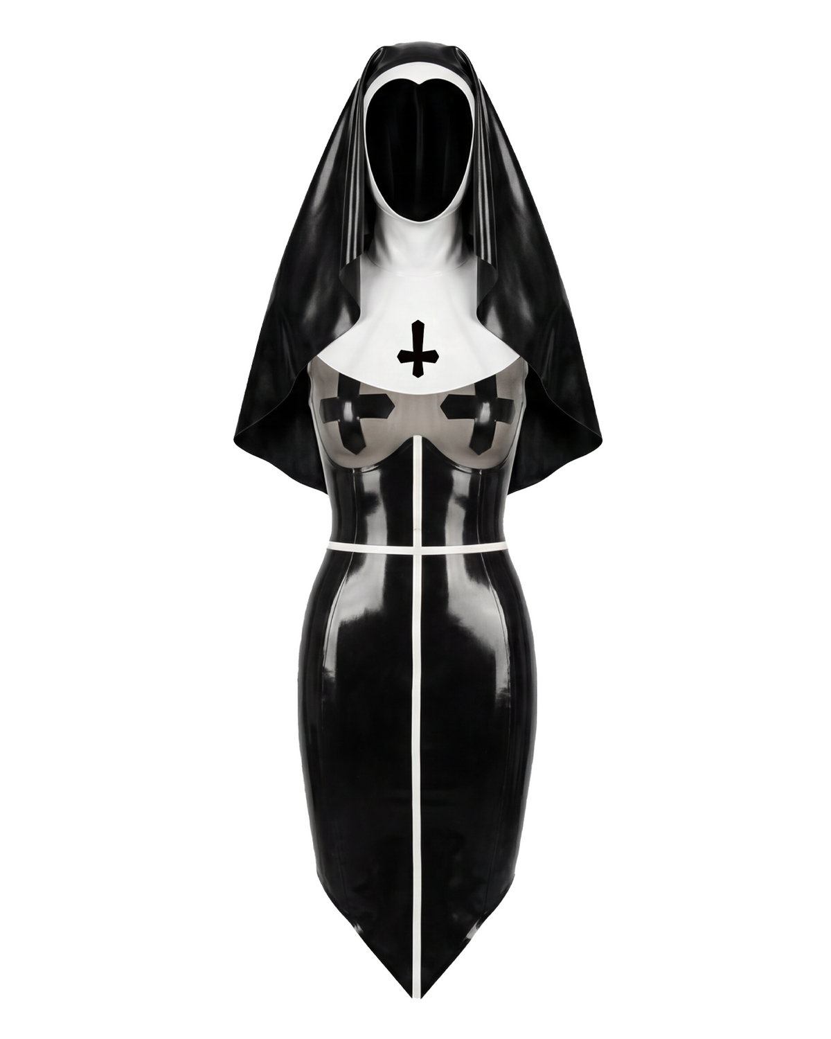 A glossy black and white latex nun suit by Ribcage, featuring a long dress with a semi-transparent chest panel, cross motifs, and a traditional nun headpiece.