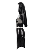 A glossy black and white latex nun suit by Ribcage, featuring a long dress with a semi-transparent chest panel, cross motifs, and a traditional nun headpiece.