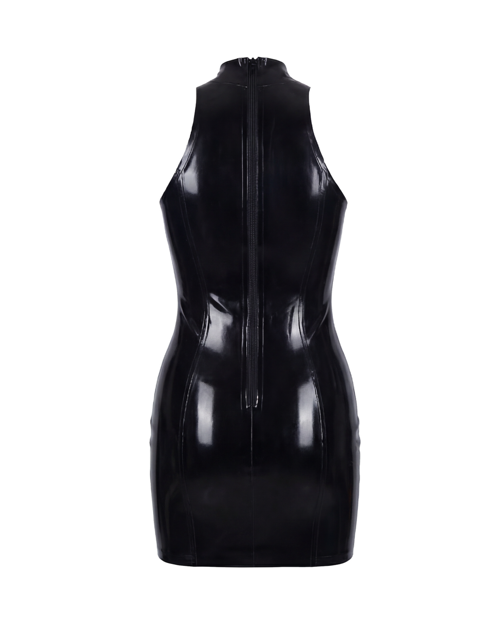 A glossy black latex sleeveless dress by Ribcage, featuring a high neckline and a contrasting white crucifix motif on the chest.
