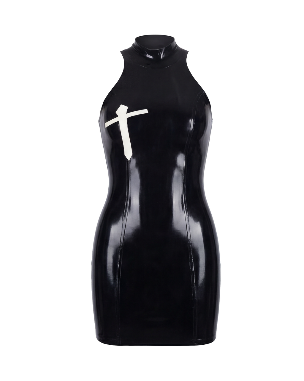 A glossy black latex sleeveless dress by Ribcage, featuring a high neckline and a contrasting white crucifix motif on the chest.