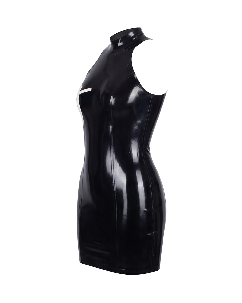 A glossy black latex sleeveless dress by Ribcage, featuring a high neckline and a contrasting white crucifix motif on the chest.
