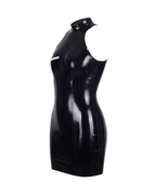 A glossy black latex sleeveless dress by Ribcage, featuring a high neckline and a contrasting white crucifix motif on the chest.