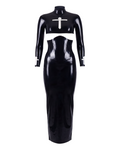 A glossy black latex two-piece suit by Ribcage, featuring a high-neck long-sleeve crop top and a matching high-waisted maxi skirt, accented by contrasting white crucifix motifs on the chest and cuffs.