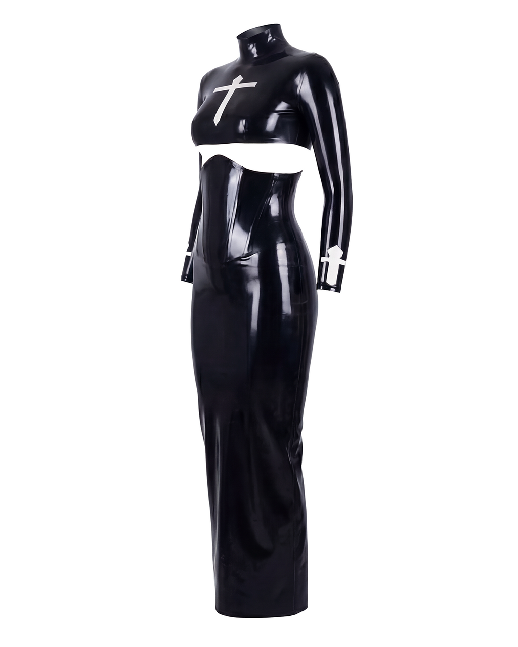 A glossy black latex two-piece suit by Ribcage, featuring a high-neck long-sleeve crop top and a matching high-waisted maxi skirt, accented by contrasting white crucifix motifs on the chest and cuffs.